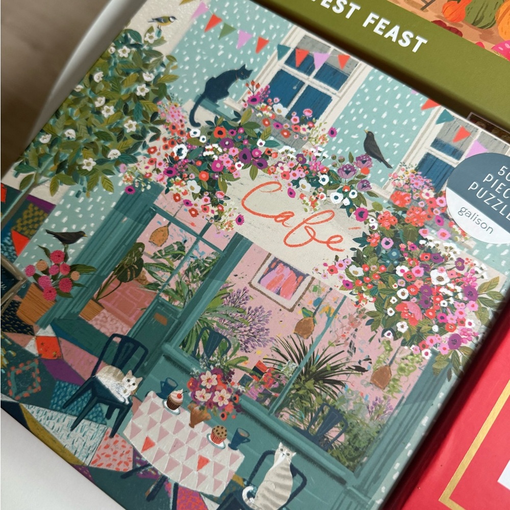 Afternoon Tea Spring Cafe Scene Puzzle - Vibrant Green and Pink
